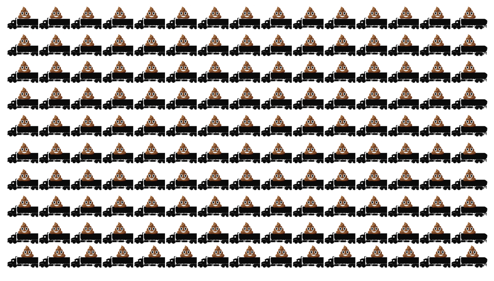 10 rows of 15 tractor trailers with poop emojis on each truck.