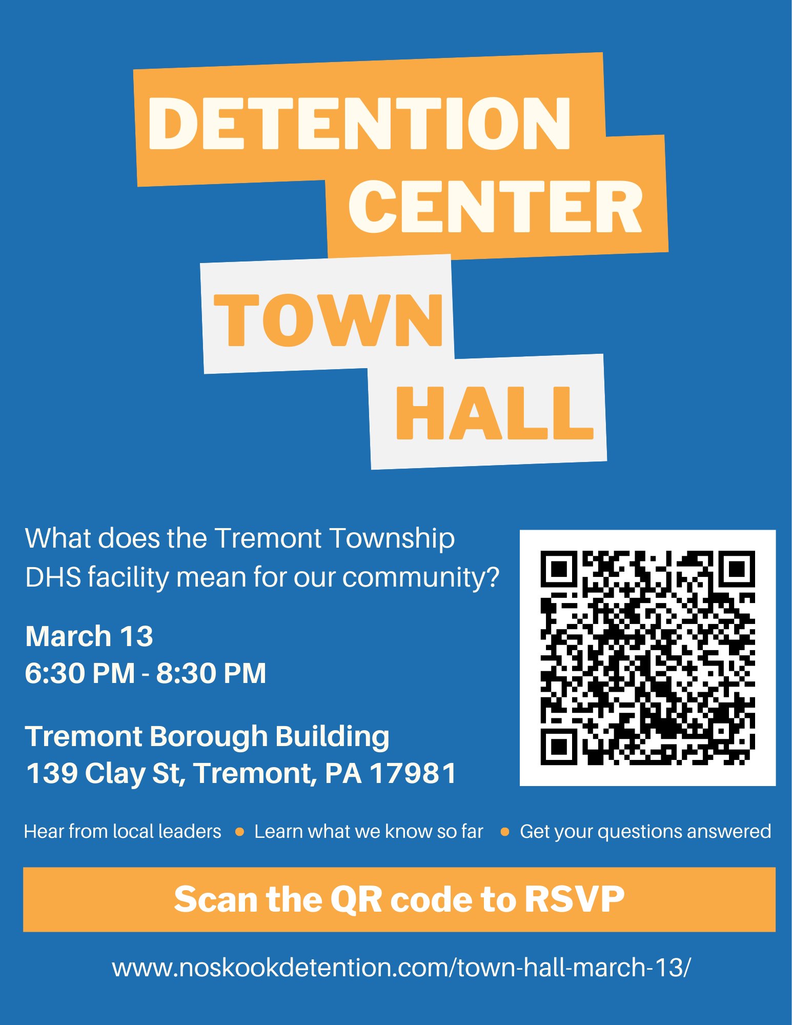 Flyer for the Town Hall. Described in text below.